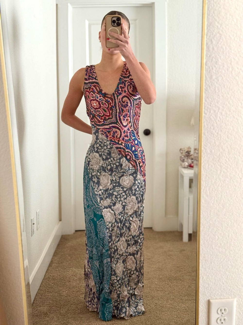 Boho Mixed-Print V-Neck Maxi Dress in Multicolor